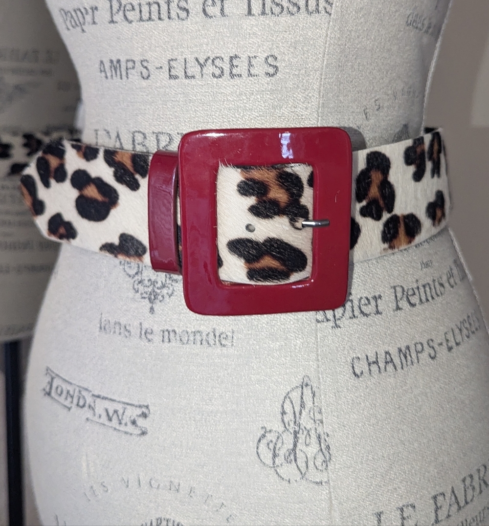 Leopard Print Belt with Red Buckle
